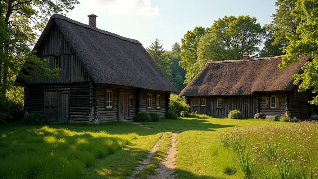 Senos medinės ūkio pastatymai su šienom ir tradicine architektūra